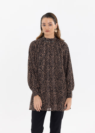 FRILLED NECK PATTERNED BLOUSE