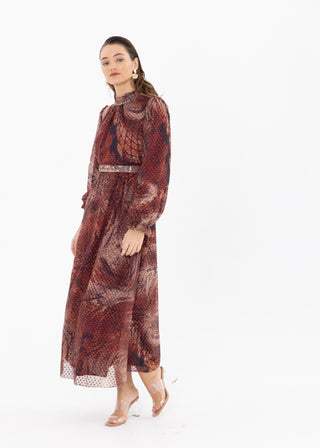 SHIRRED COLLAR NECK POLKA DOT DRESS