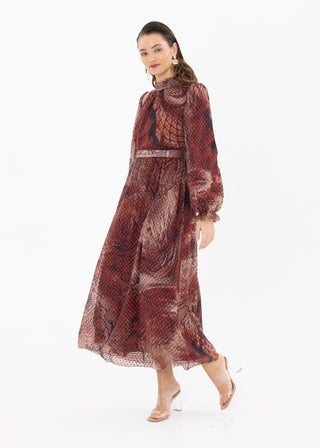 SHIRRED COLLAR NECK POLKA DOT DRESS