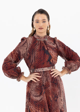 SHIRRED COLLAR NECK POLKA DOT DRESS