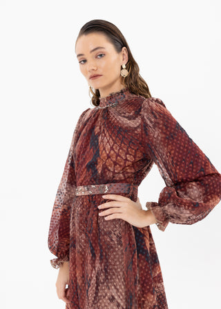 SHIRRED COLLAR NECK POLKA DOT DRESS