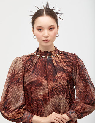 SHIRRED COLLAR NECK POLKA DOT BLOUSE