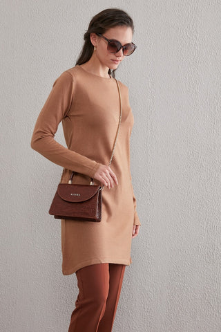 Basic Round Neck Knit Tunic Beige