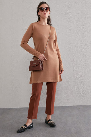 Basic Round Neck Knit Tunic Beige