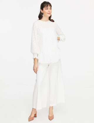 Tulle Layered Polka Dot Asymmetrical Blouse Ecru