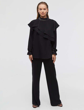 Ruffle Stone Embellished Blouse Black