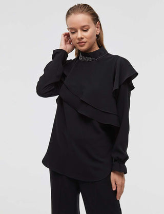 Ruffle Stone Embellished Blouse Black