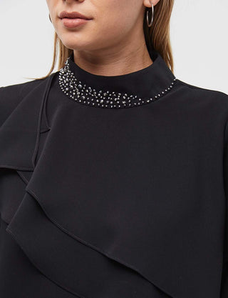 Ruffle Stone Embellished Blouse Black