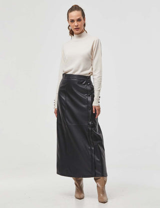 Stitch Detail Faux Leather Skirt Black