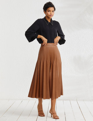 Pleated Leather Skirt Camel