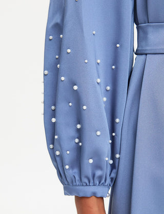 PEARL BEADED BALLOON SLEEVE SATIN DRESS