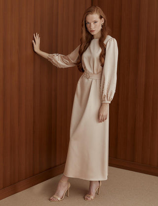 PEARL BEADED BALLOON SLEEVE SATIN DRESS