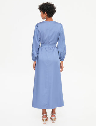 PEARL BEADED BALLOON SLEEVE SATIN DRESS