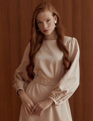 PEARL BEADED BALLOON SLEEVE SATIN DRESS