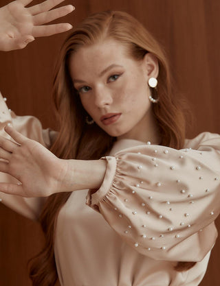 PEARL BEADED BALLOON SLEEVE SATIN DRESS