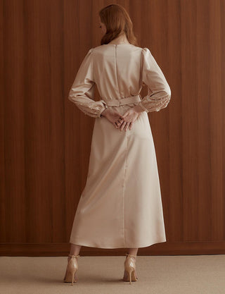 PEARL BEADED BALLOON SLEEVE SATIN DRESS