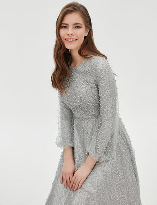 TIARA Pearl Detailed Organza Evening Gown Grey