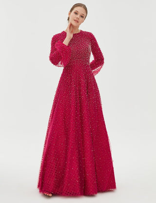 TIARA Pearl Detailed Organza Evening Gown Red