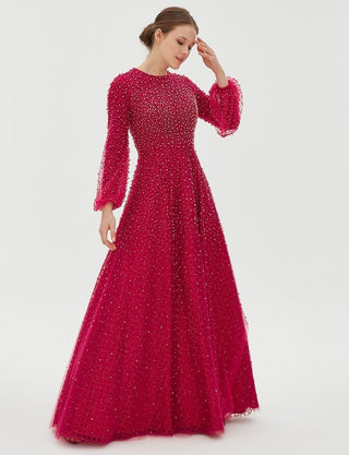 TIARA Pearl Detailed Organza Evening Gown Red