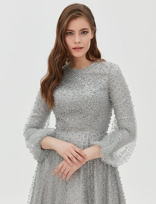 TIARA Pearl Detailed Organza Evening Gown Grey