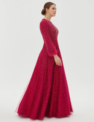 TIARA Pearl Detailed Organza Evening Gown Red