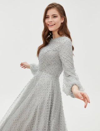 TIARA Pearl Detailed Organza Evening Gown Grey