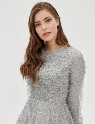 TIARA Pearl Detailed Organza Evening Gown Grey