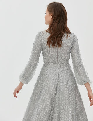 TIARA Pearl Detailed Organza Evening Gown Grey