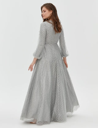 TIARA Pearl Detailed Organza Evening Gown Grey