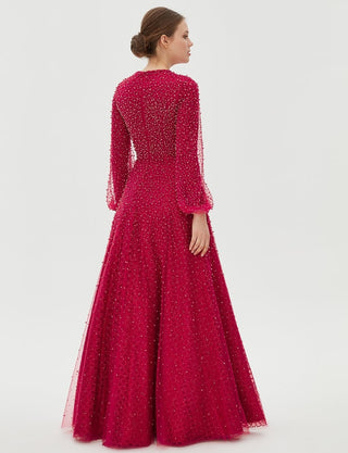 TIARA Pearl Detailed Organza Evening Gown Red